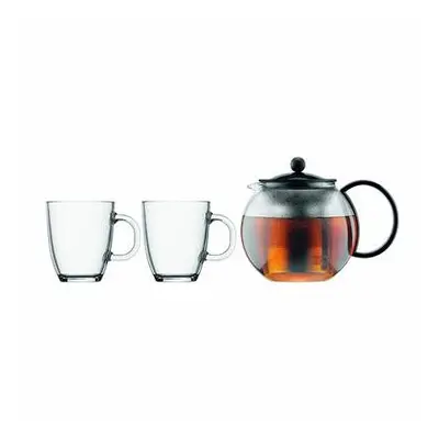 BODUM ASSAM SET Tea Press (Stainless Steel Filter, 1.0 L/34 oz) and Mugs (0.35 L/12 oz) - Black