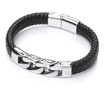 Jewelco London Mens Rhodium Plated Stainless Steel Black Leather Carved Curb Link Cuff Bracelet 