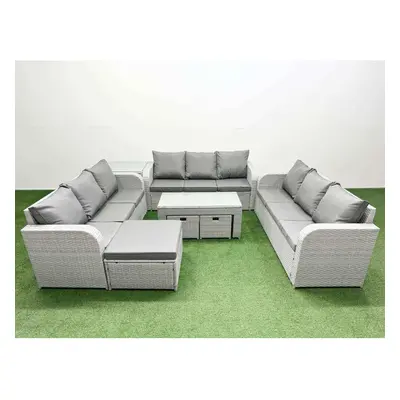 Fimous PE Rattan Lounge Sofa Set Seater Outdoor Garden Furniture Set with3 Seater Sofa Stools Si