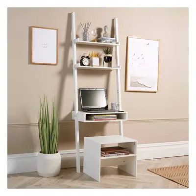 (White) Tier Ladder Shelf Desk Home Office Storage with Stool