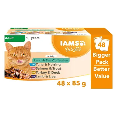 IAMS Delights Complete Wet Cat Food for Adult 1+ Cats Meat and Fish Variety in Jelly Multipack x