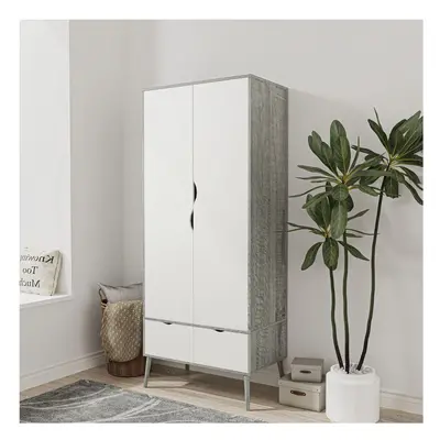 (Ash Grey White) Door Drawer Wardrobe with Scandi Legs Cupboard Hanging Rail 180cm