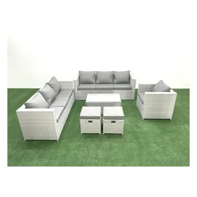 Fimous Wicker PE Rattan Sofa Garden Furniture Set with Armchair Oblong Coffee Table Small Footst