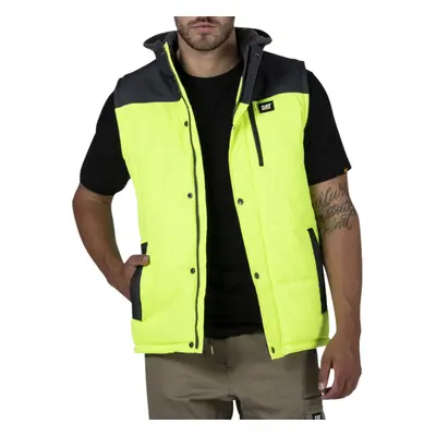 (XL) Caterpillar Hi-Vis Hooded Mens Work Vest Jacket - Water Resistant - Yellow