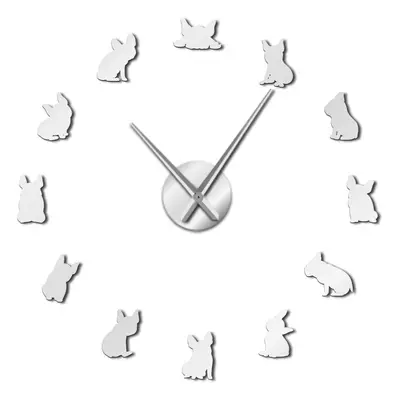 (Silver) Inch Bulldog DIY Giant Wall Clock France Domestic Dog Large Modern Wall Clock Frenchie 