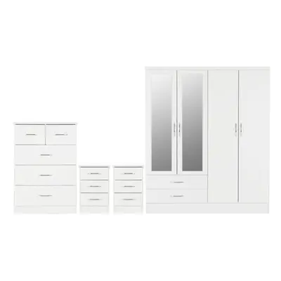 Nevada Piece White Gloss Bedroom Set - Door Drawer Mirrored Wardrobe, Drawer Chest & x Drawer Be