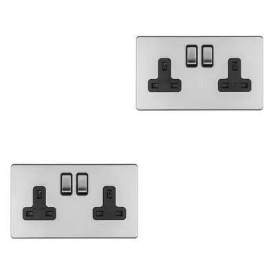 2 PACK Gang DP 13A Switched UK Plug Socket SCREWLESS SATIN STEEL Wall Power