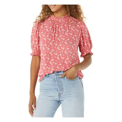 Amazon Essentials Womens Fluid Twill Short Puff Sleeve Smock Detail Shirt, Raspberry Red, Floral