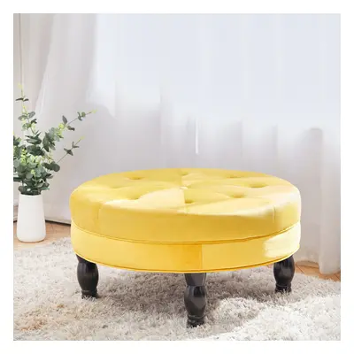 (Yellow) Velvet Round Buttoned Footstool With Wood Legs