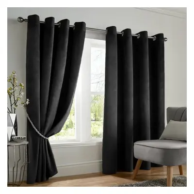 (Black , 90" x 90" (228cm x 228cm)) Thick Heavy Velvet Curtain PAIR Eyelet Ring Top Fully Lined 