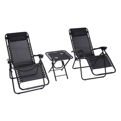 Outsunny 3PC Zero Gravity Chairs Sun Lounger Table Set w/ Cup Holders, Black