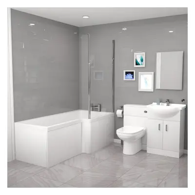 Cann L-Shaped RH Shower Bath, White Basin Vanity Unit with WC & BTW Toilet