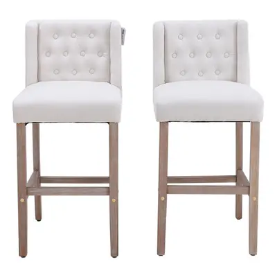 (Beige) Rustic Set of Bar Stools Linen Tufted with Wood Legs