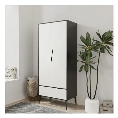 (Black White) Door Drawer Wardrobe with Scandi Legs Cupboard Hanging Rail 180cm