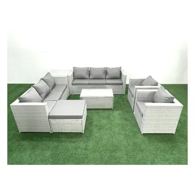 Fimous Outdoor Rattan Sofa Garden Furniture Set with Armchairs Oblong Coffee Table Big Footstool