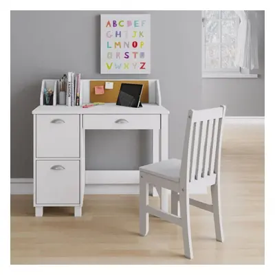 Wooden White Study Desk for Children with Chair, Table with Drawers Storage