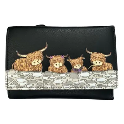 (Black) RFID Leather Highland Cow Large Trifold Purse