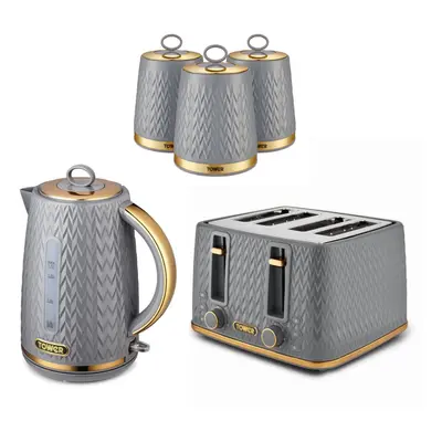 Tower Empire Grey Jug Kettle Slice Toaster & Canisters Set