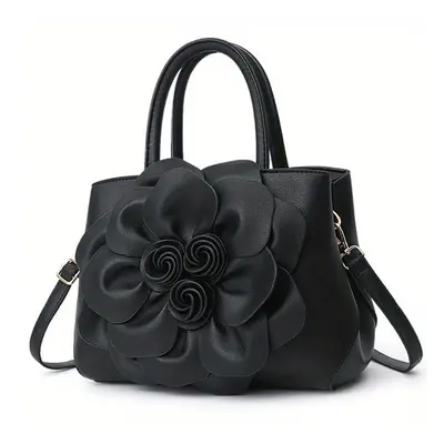 (Black, Large) Elegant Flower Decor Tote Bag, Fashion Top Handle Satchel, Women's Casual Handbag