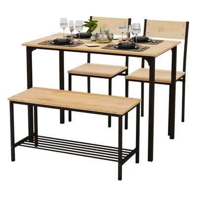 4pcs Dining Table and Chairs Set Wooden Bench Chair Seat Metal Frame