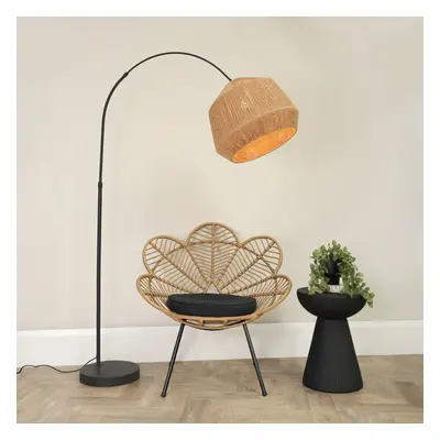 ValueLights Louis Natural Rope Shade Black Arched Floor Lamp & Bulb