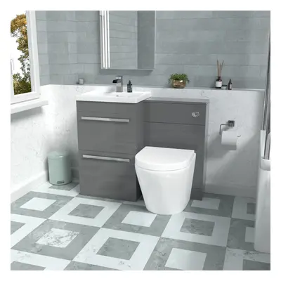 Nes Home Steel Grey Drawers Basin Cabinet, WC Unit & Rimless Back To Wall Toilet