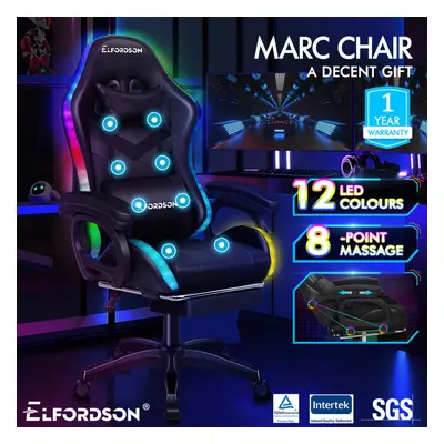 ELFORDSON Gaming Office Chair RGB LED Massage Computer Seat Footrest Black