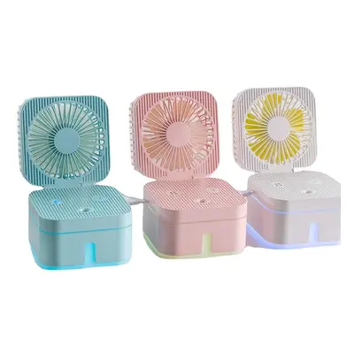 (Blue) Multi-function humidifier Mini Fan Strong Wind Mute Humidification Night Light Fan