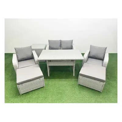 Fimous Light Grey PE Wicker Rattan Garden Furniture Set Sofa Set Reclining Chair Rectangular Din