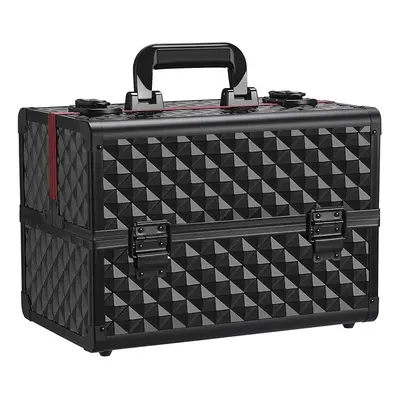 (Black / Red) Makeup Box with Trays Cosmetic Case Jewellery