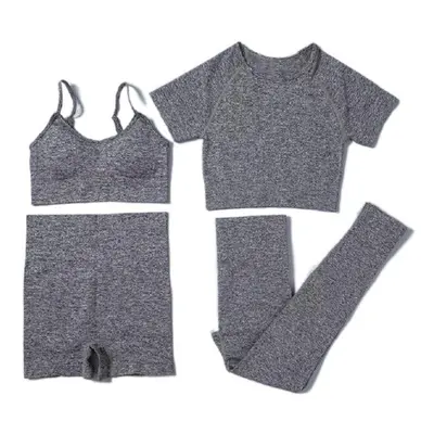 (Grey, L) Women Seamless Yoga Set Short Sleeve Crop Top High Waist Sport Leggings Suit Pack