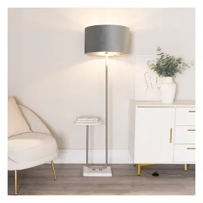 ValueLights Tavel Grey Velvet & Chrome Shade Chrome Floor Lamp with Table & Bulb