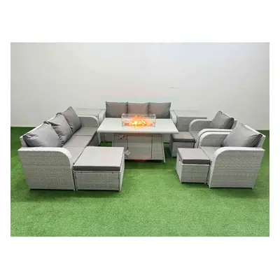 Fimous PE Rattan Set Patio Firepit Dining Table & Chairs Set with Seater Sofa Reclining Chair St