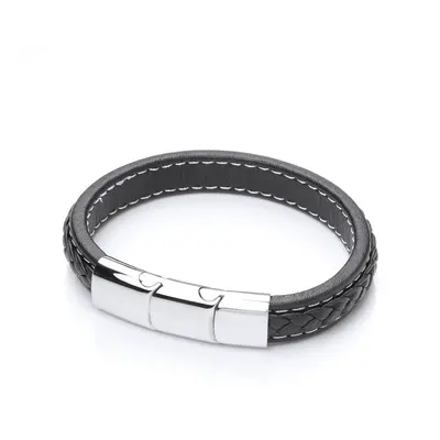 Jewelco London Mens Rhodium Plated Stainless Steel Black Leather Platted Cuff Bracelet 12mm - BR