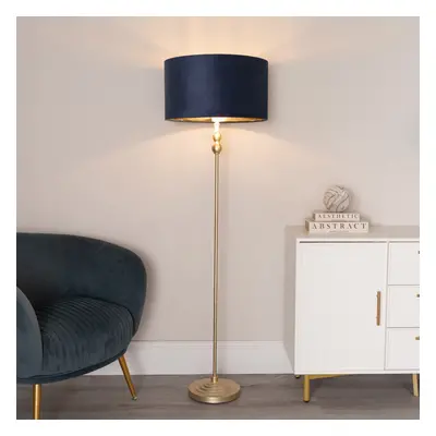 ValueLights Maggie Gold Floor Lamp with Navy Velvet & Gold Shade & Bulb