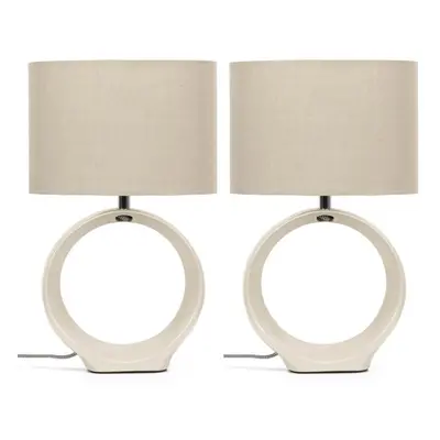 Pair of - Natural Hoop Ceramic Table Lamps Fabric Shade Light + LEDs