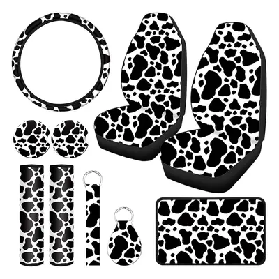 10PCS Cow Print Car Seat Cover Kit, Car Steering Wheel Cover, Seat Belt Pads, Car Floor Mats, Ca