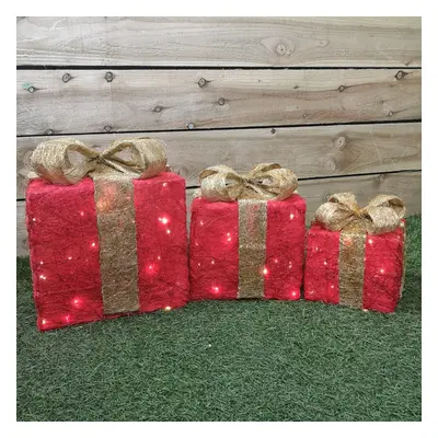 Premier Battery Operated set of Lit Red Parcels with Gold Bow - Warm White Lights