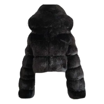 (Faux Fur Coat Women With Hood Cropped Bubble Coats Fleece Short Warm Jackets Plus Size Winter C