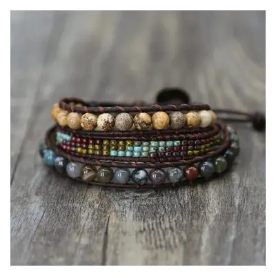 Vintage Bracelet Woven Multi-layer Seed Beads Leather Bracelets 6MM Stone Strands Boho Women Wra