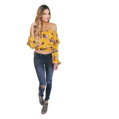 (M) Women Floral Print Blouse Crop Top Off Shoulder Ruffles Lantern Long Sleeve Loose Yellow