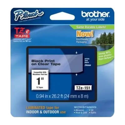 Brother TZE151 TZe Standard Adhesive Laminated Labeling Tape 1w Black on Clear