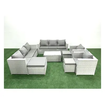 Fimous Outdoor Rattan Sofa Garden Furniture Set with Armchairs Oblong Coffee Table Footstools Li