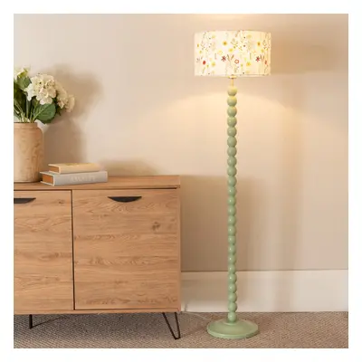 ValueLights Bobbins Floral Embroidery Shade Green Floor Lamp & Bulb