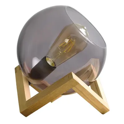 Modern Smoked Effect Glass Globe Bedside Table Lamp on a Wooden Frame Base - Complete with a 4w 