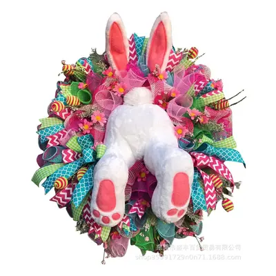 (A) Easter Thief Bunny Butt with Ears Cartoon Rabbit Garland Wreath Shape Cute Front Door Decora