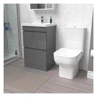 Nes Home 500mm Steel Grey Drawers Basin Vanity Unit & Close Coupled Toilet