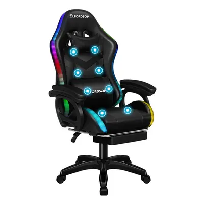 (Black) ELFORDSON Gaming Office Chair RGB LED Massage Footrest