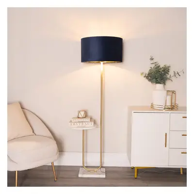 ValueLights Tavel Navy Velvet & Gold Shade Gold Floor Lamp & Table & Bulb