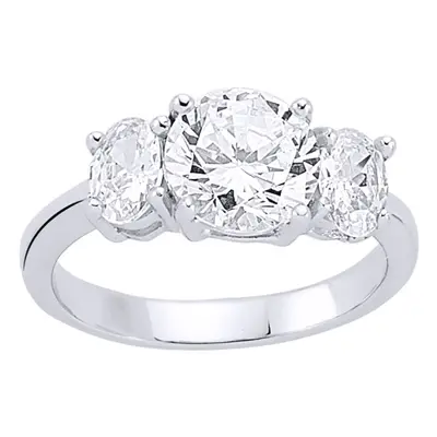 (R) Jewelco London Ladies Rhodium Plated Sterling Silver Oval Cubic Zirconia Trilogy Engagement 